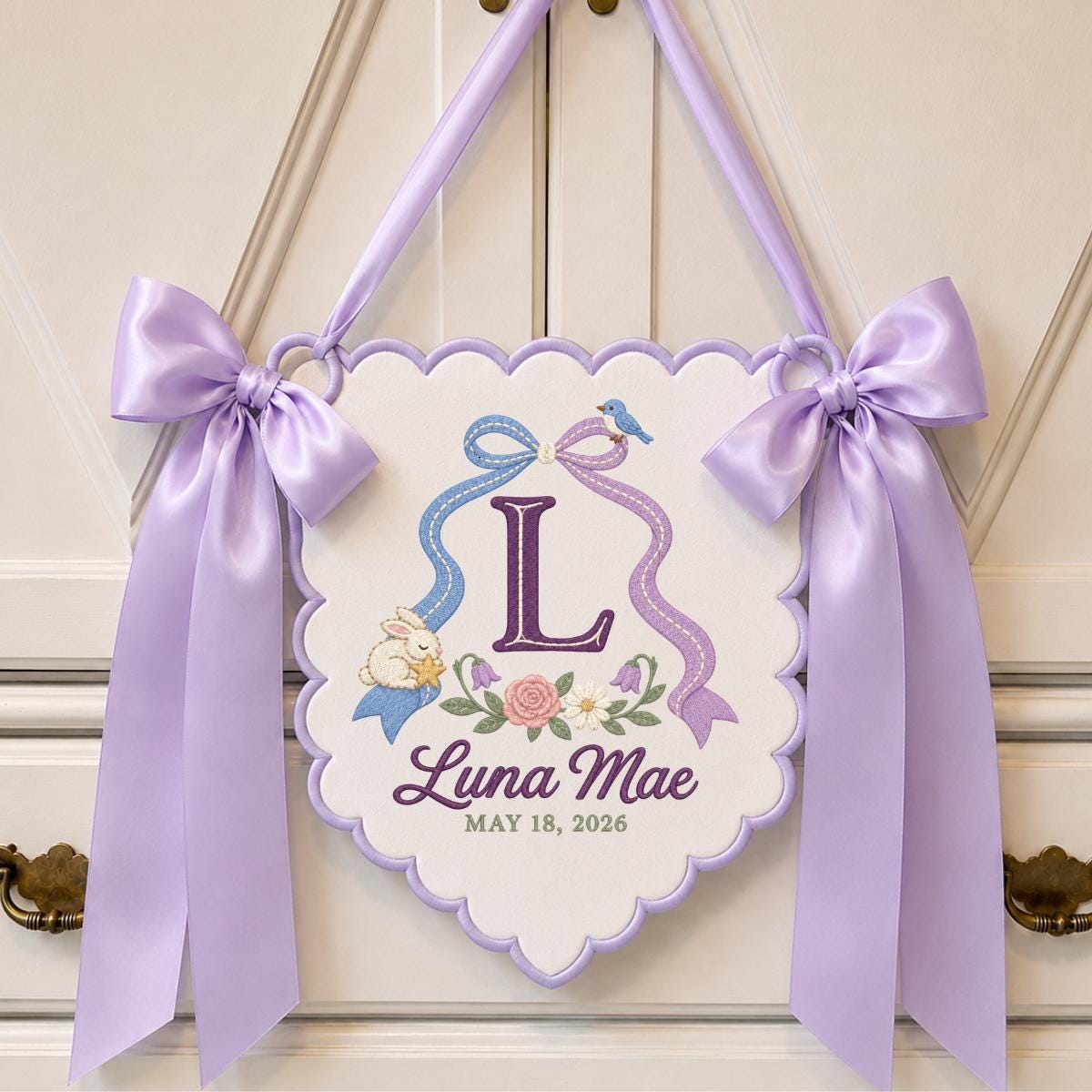 Custom Luna Mae Nursery Banner with Large Monogram, Bunny and Blue Bird, Embroidered Floral Wall Hanging, Baby Shower Gift Decor
