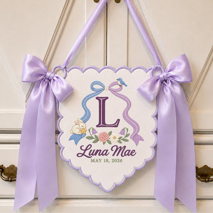 Custom Luna Mae Nursery Banner with Large Monogram, Bunny and Blue Bird, Embroidered Floral Wall Hanging, Baby Shower Gift Decor