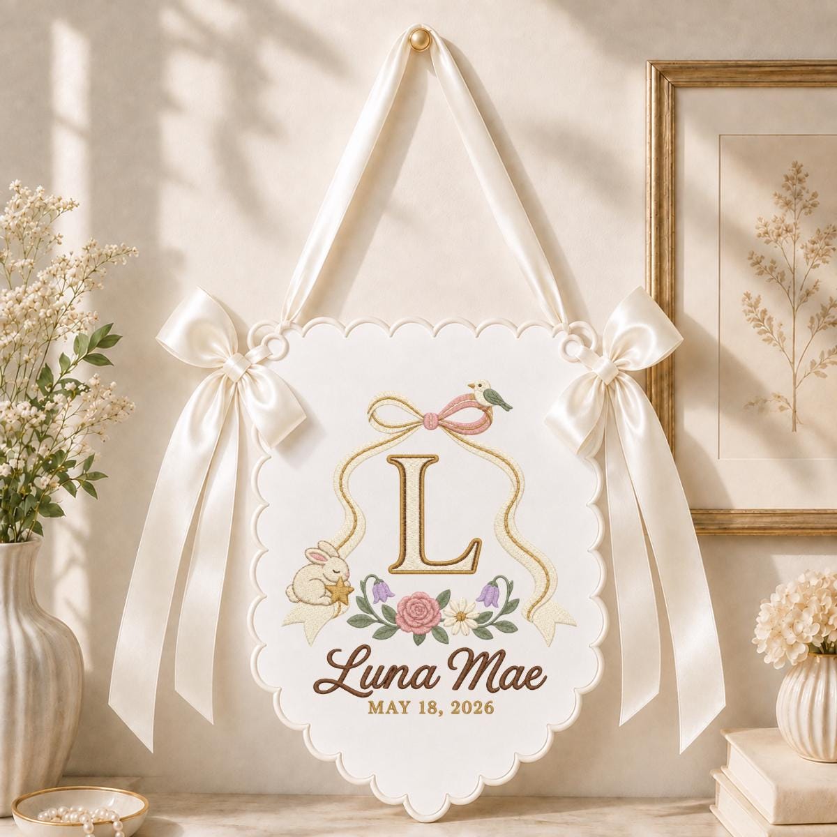 Custom Luna Mae Nursery Banner with Large Monogram, Bunny and Blue Bird, Embroidered Floral Wall Hanging, Baby Shower Gift Decor