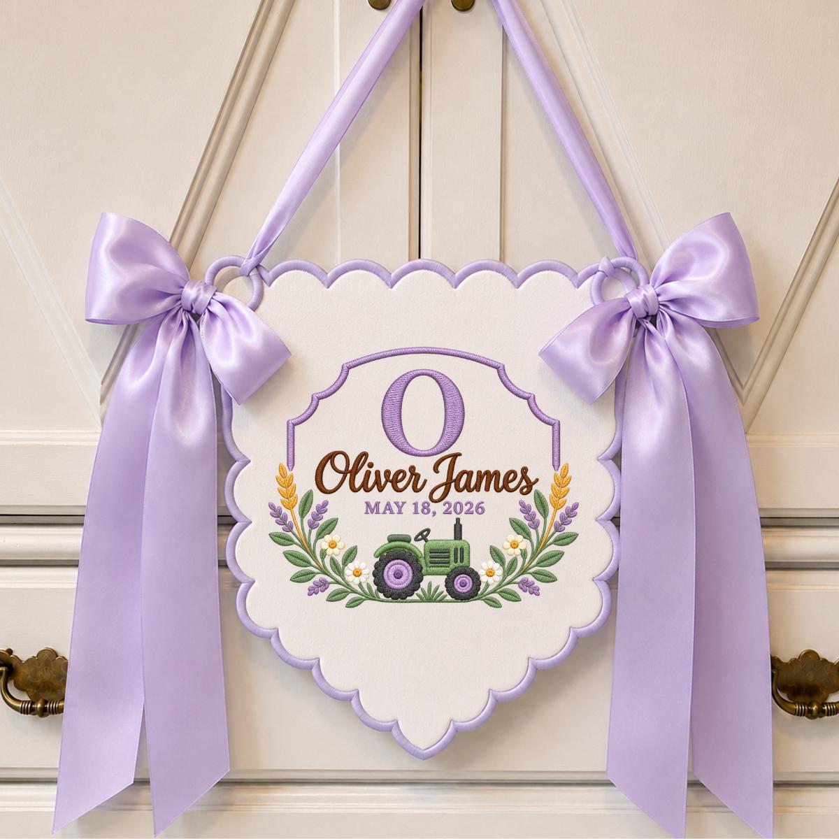 Personalized Baby Name Banner, Sage Green Tractor Nursery Wall Hanging with Floral Border, Oliver James Farmhouse Keepsake Gift Decor