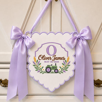 Personalized Baby Name Banner, Sage Green Tractor Nursery Wall Hanging with Floral Border, Oliver James Farmhouse Keepsake Gift Decor