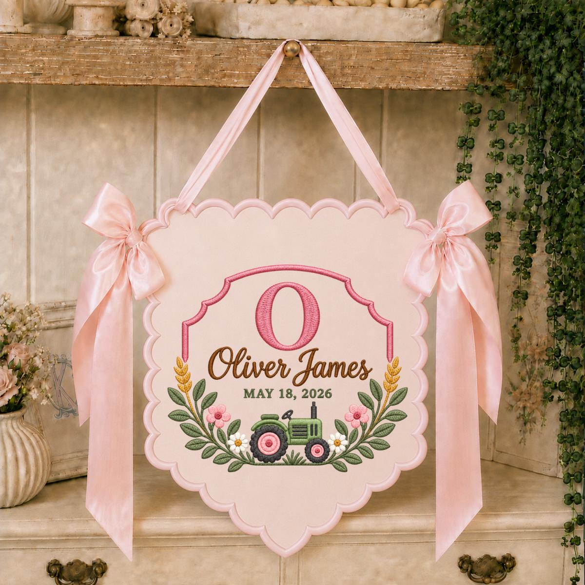Personalized Baby Name Banner, Sage Green Tractor Nursery Wall Hanging with Floral Border, Oliver James Farmhouse Keepsake Gift Decor