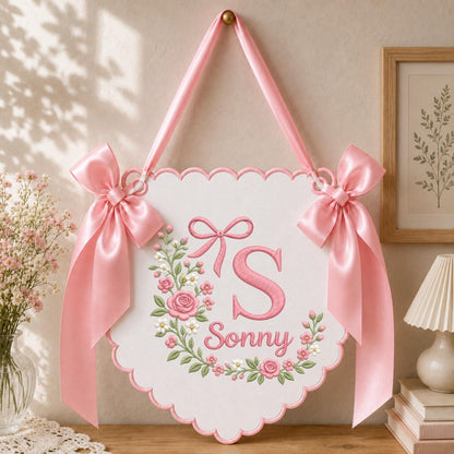 Personalized Floral Monogram Embroidered Banner, Custom Baby Name Wall Hanging, Pink Rose Initial Nursery Decor, Baby Girl Name Sign, Shower