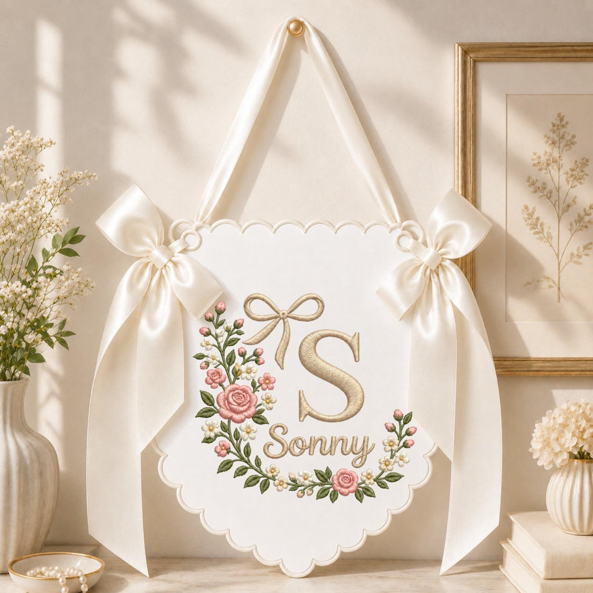 Personalized Floral Monogram Embroidered Banner, Custom Baby Name Wall Hanging, Pink Rose Initial Nursery Decor, Baby Girl Name Sign, Shower