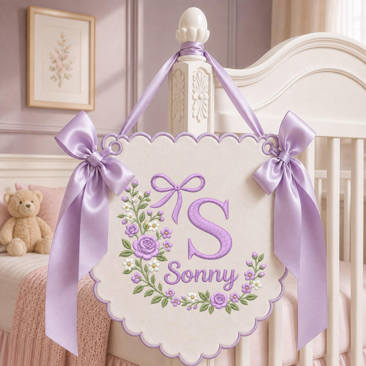 Personalized Floral Monogram Embroidered Banner, Custom Baby Name Wall Hanging, Pink Rose Initial Nursery Decor, Baby Girl Name Sign, Shower