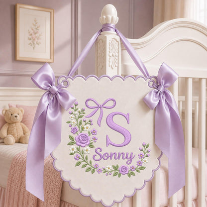 Personalized Floral Monogram Embroidered Banner, Custom Baby Name Wall Hanging, Pink Rose Initial Nursery Decor, Baby Girl Name Sign, Shower