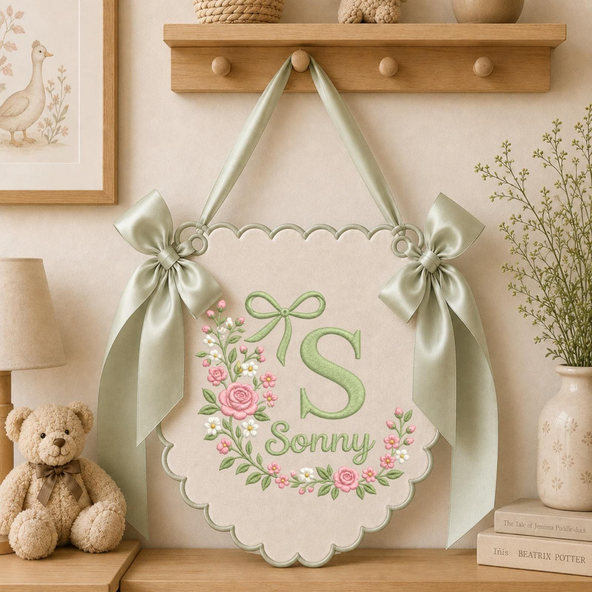 Personalized Floral Monogram Embroidered Banner, Custom Baby Name Wall Hanging, Pink Rose Initial Nursery Decor, Baby Girl Name Sign, Shower