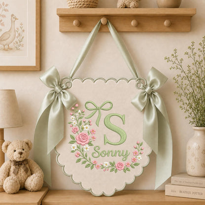 Personalized Floral Monogram Embroidered Banner, Custom Baby Name Wall Hanging, Pink Rose Initial Nursery Decor, Baby Girl Name Sign, Shower