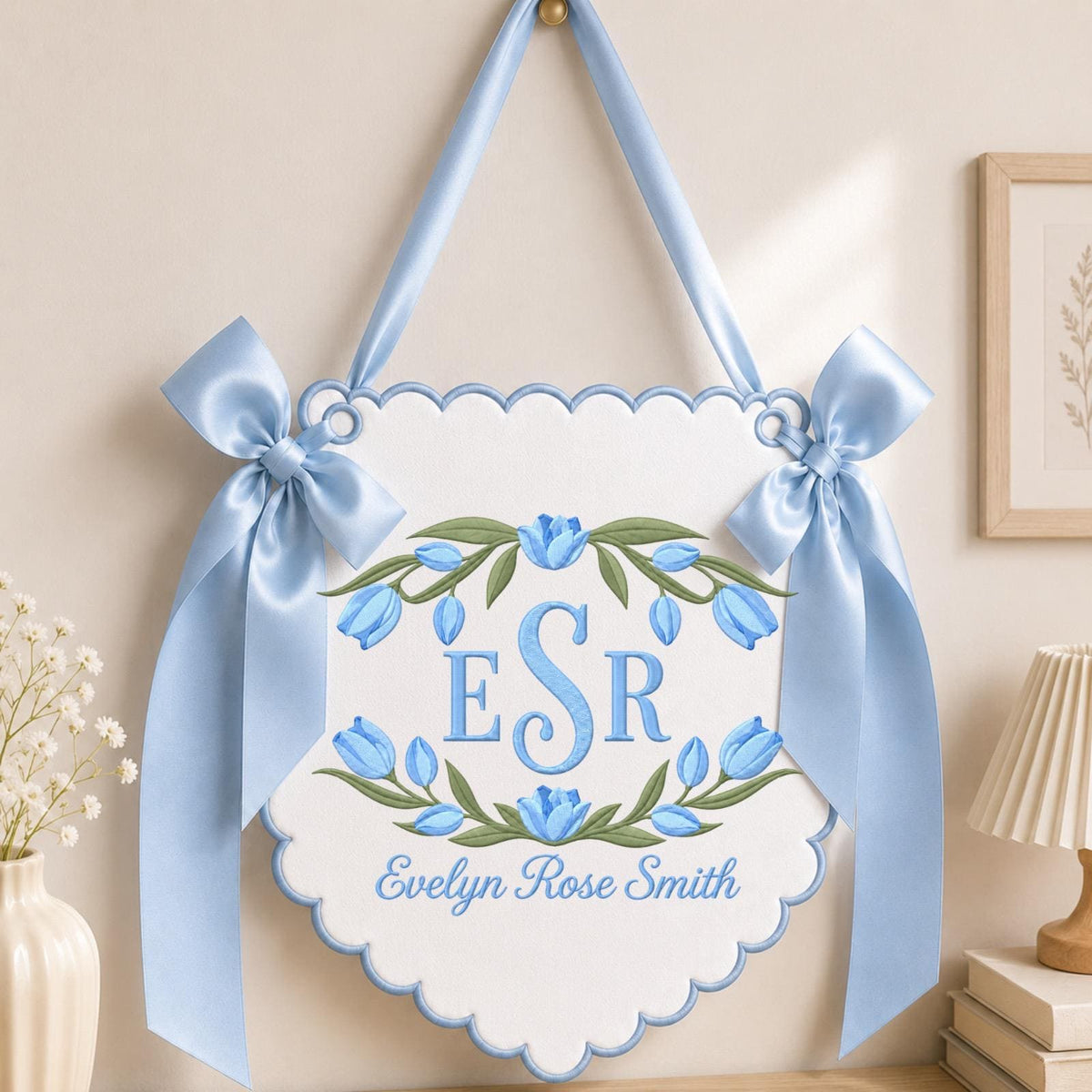 Personalized Tulip Baby Name Embroidered Banner, Custom Floral Monogram Nursery Wall Hanging, Baby Girl Name Sign, Newborn Baby Shower Gift