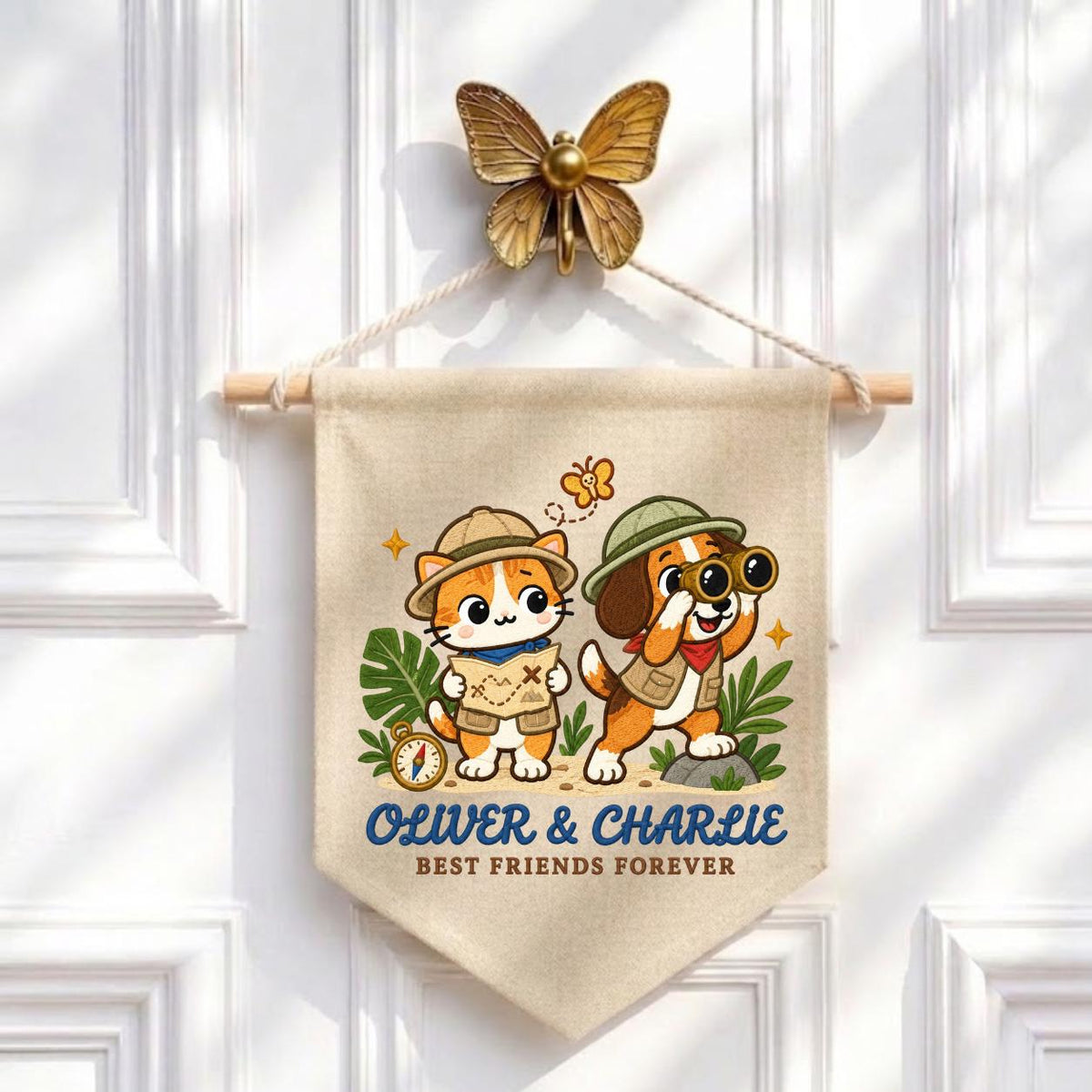 Personalized Best Friends Banner, Oliver and Charlie Explorer Cat and Dog Embroidered Wall Hanging, Adventure Nursery Decor Keepsake Gift