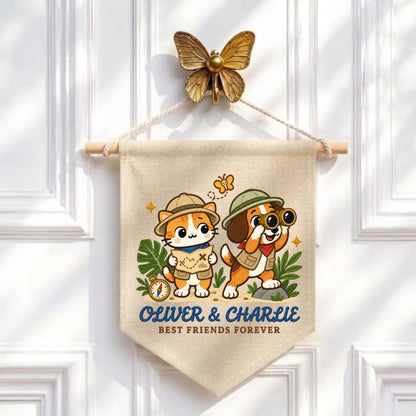 Personalized Best Friends Banner, Oliver and Charlie Explorer Cat and Dog Embroidered Wall Hanging, Adventure Nursery Decor Keepsake Gift