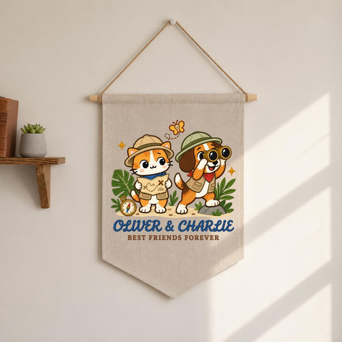 Personalized Best Friends Banner, Oliver and Charlie Explorer Cat and Dog Embroidered Wall Hanging, Adventure Nursery Decor Keepsake Gift