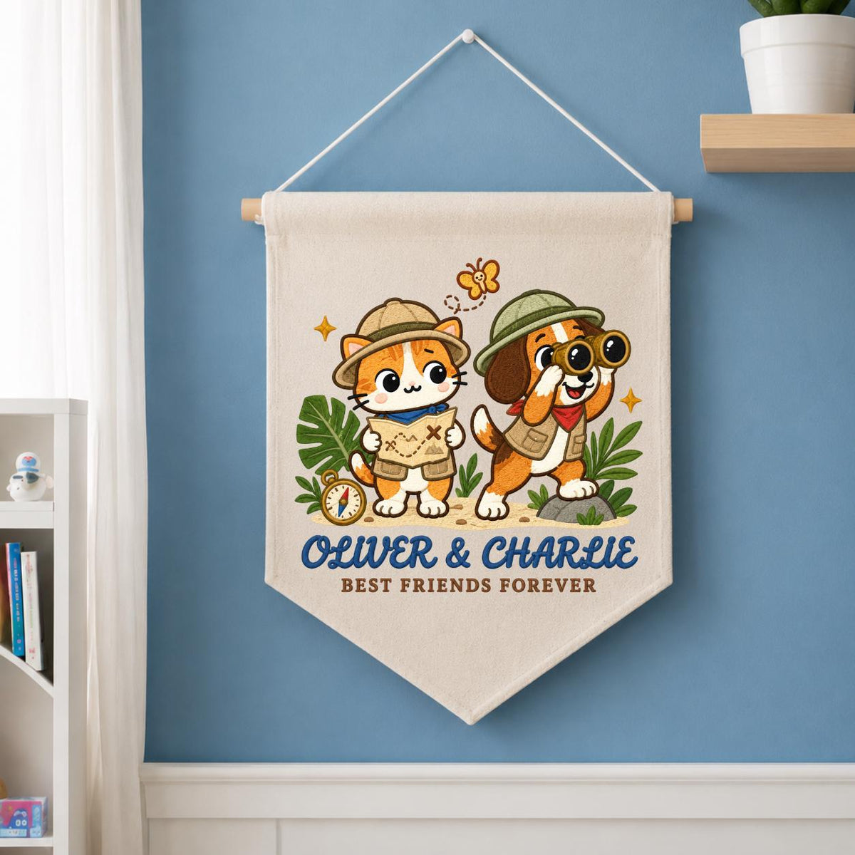 Personalized Best Friends Banner, Oliver and Charlie Explorer Cat and Dog Embroidered Wall Hanging, Adventure Nursery Decor Keepsake Gift
