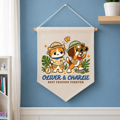 Personalized Best Friends Banner, Oliver and Charlie Explorer Cat and Dog Embroidered Wall Hanging, Adventure Nursery Decor Keepsake Gift
