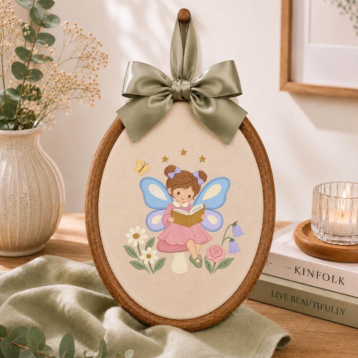 Fairy Girl Embroidery Hoop Art, Little Storybook Fairy Reading a Book with Flowers, Pink and Lavender Nursery Wall Decor Gift for Kids