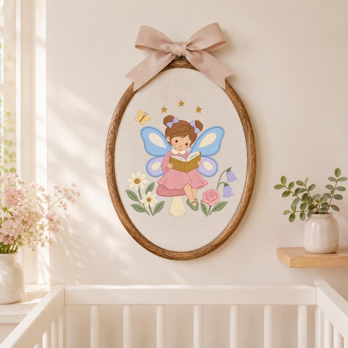 Fairy Girl Embroidery Hoop Art, Little Storybook Fairy Reading a Book with Flowers, Pink and Lavender Nursery Wall Decor Gift for Kids