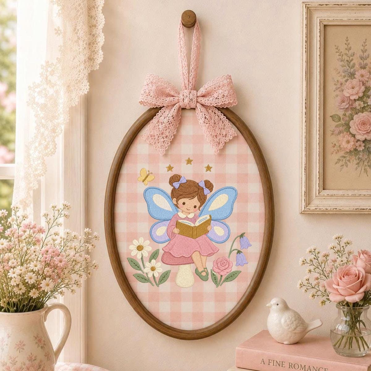 Fairy Girl Embroidery Hoop Art, Little Storybook Fairy Reading a Book with Flowers, Pink and Lavender Nursery Wall Decor Gift for Kids