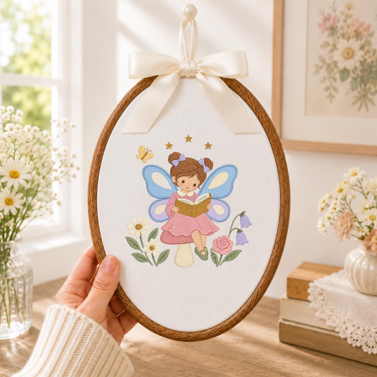 Fairy Girl Embroidery Hoop Art, Little Storybook Fairy Reading a Book with Flowers, Pink and Lavender Nursery Wall Decor Gift for Kids