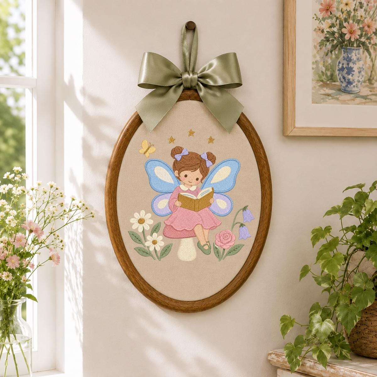 Fairy Girl Embroidery Hoop Art, Little Storybook Fairy Reading a Book with Flowers, Pink and Lavender Nursery Wall Decor Gift for Kids