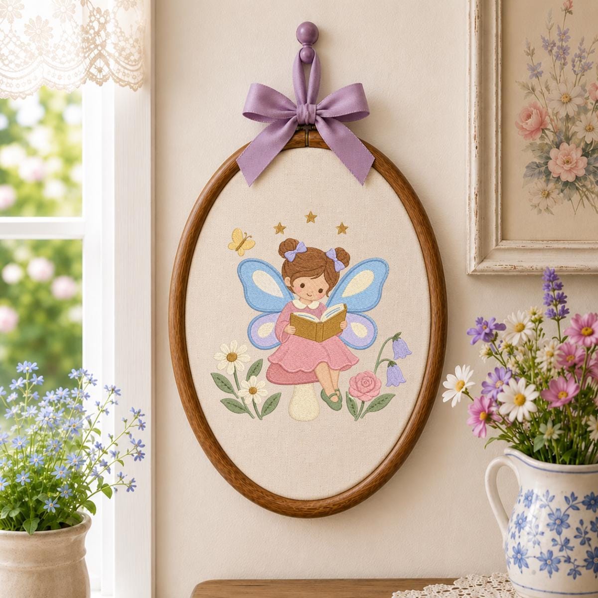 Fairy Girl Embroidery Hoop Art, Little Storybook Fairy Reading a Book with Flowers, Pink and Lavender Nursery Wall Decor Gift for Kids