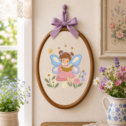 Fairy Girl Embroidery Hoop Art, Little Storybook Fairy Reading a Book with Flowers, Pink and Lavender Nursery Wall Decor Gift for Kids
