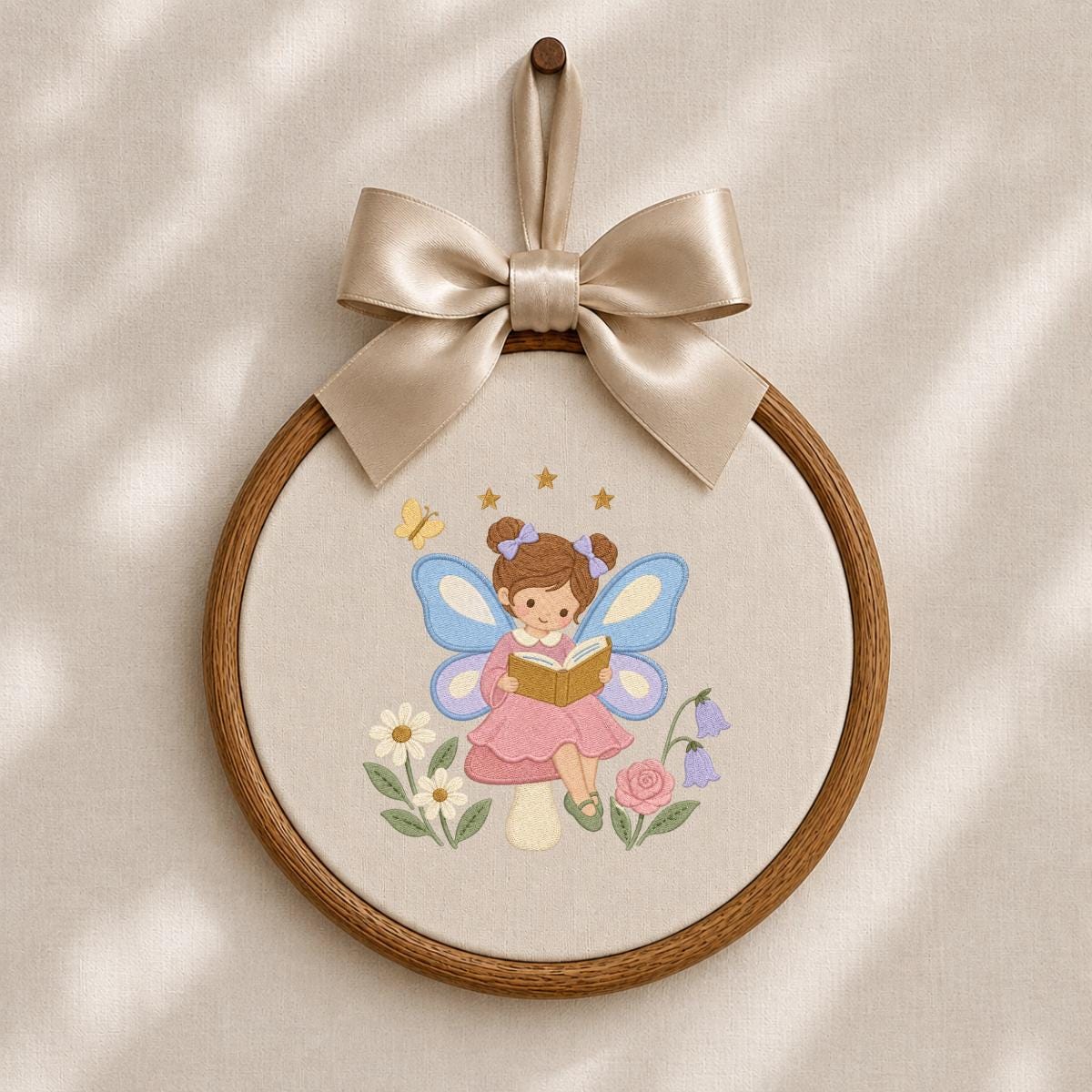 Fairy Girl Embroidery Hoop Art, Little Storybook Fairy Reading a Book with Flowers, Pink and Lavender Nursery Wall Decor Gift for Kids