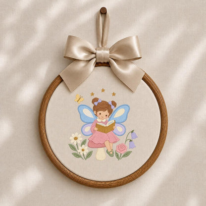 Fairy Girl Embroidery Hoop Art, Little Storybook Fairy Reading a Book with Flowers, Pink and Lavender Nursery Wall Decor Gift for Kids