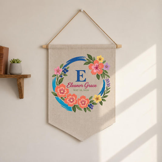 Personalized Floral Name Banner, Eleanor Grace Embroidered Wall Hanging with Blue Circle and Colorful Flowers, Baby Nursery Gift Decor