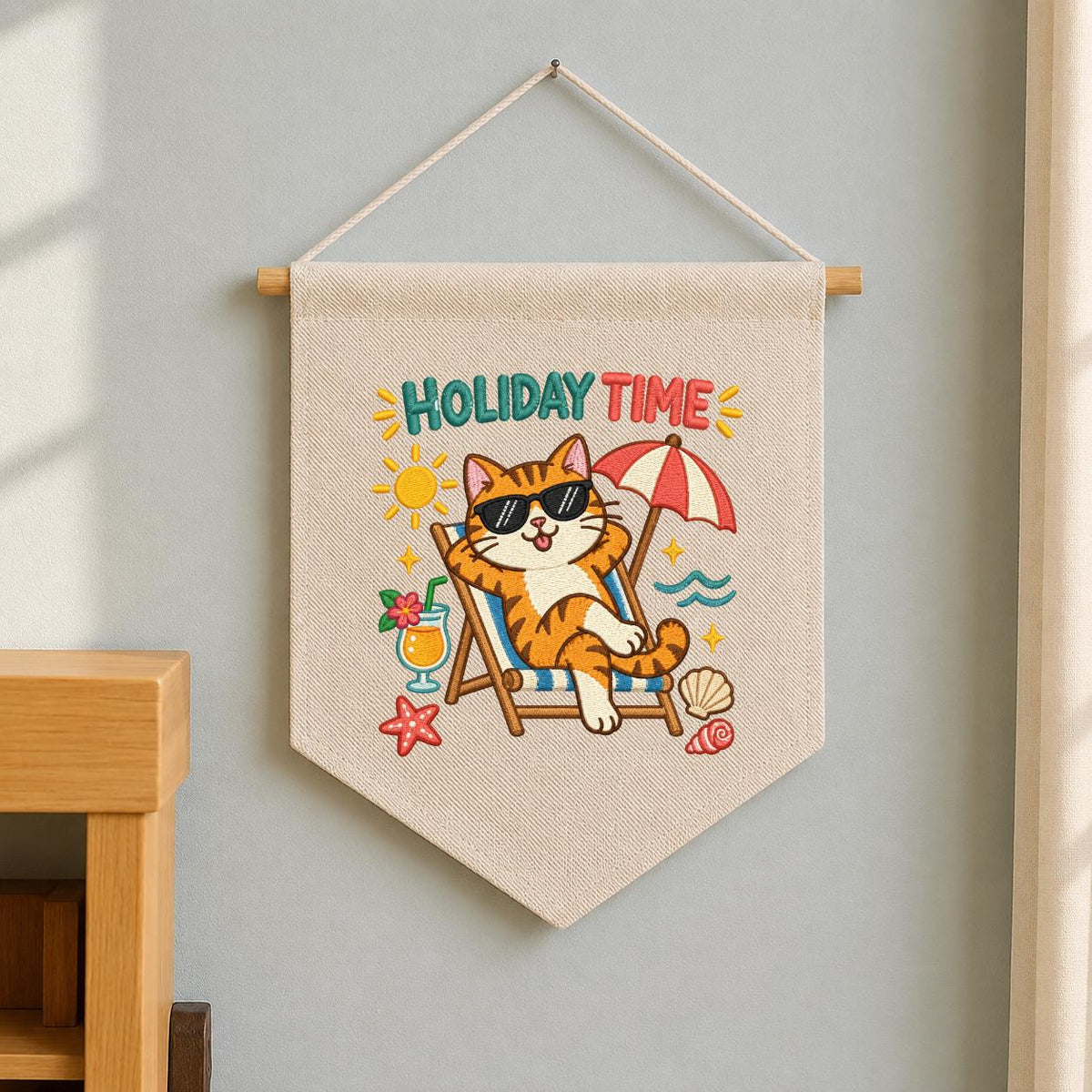 Summer Cat Pennant Banner, Funny Orange Tabby Embroidery with Beach Chair, Umbrella and Tropical Details, Holiday Home Wall Decor Gift