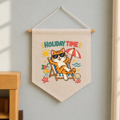 Summer Cat Pennant Banner, Funny Orange Tabby Embroidery with Beach Chair, Umbrella and Tropical Details, Holiday Home Wall Decor Gift