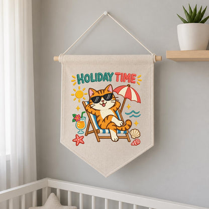 Summer Cat Pennant Banner, Funny Orange Tabby Embroidery with Beach Chair, Umbrella and Tropical Details, Holiday Home Wall Decor Gift