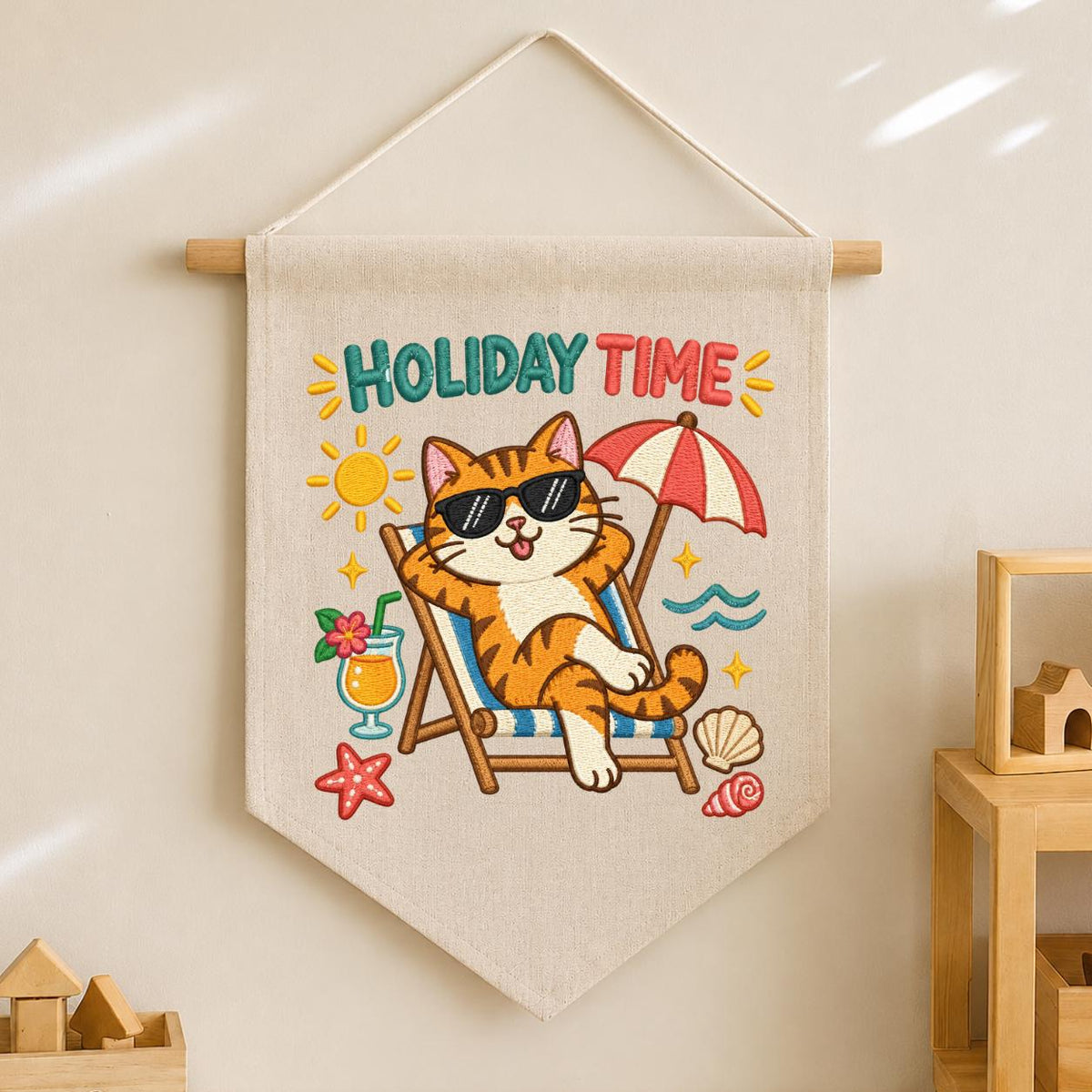 Summer Cat Pennant Banner, Funny Orange Tabby Embroidery with Beach Chair, Umbrella and Tropical Details, Holiday Home Wall Decor Gift