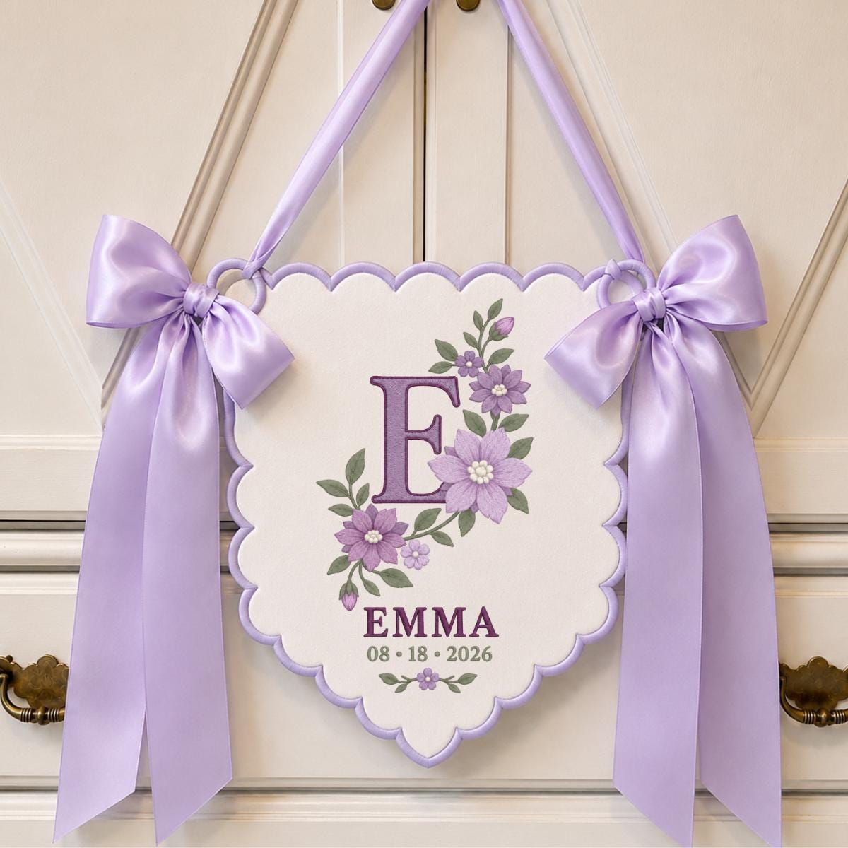 Personalized Baby Name Banner, Purple E Monogram with Floral Embroidery, Emma Scalloped Nursery Wall Hanging, Lavender Bow Keepsake Gift
