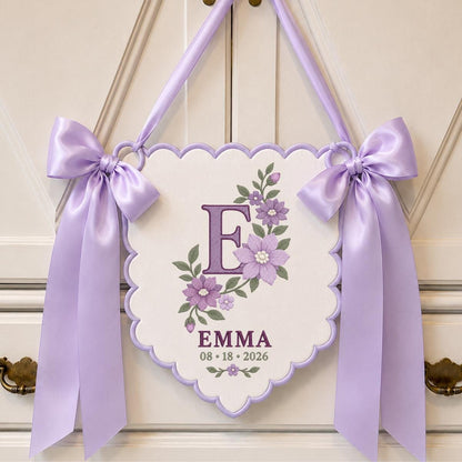 Personalized Baby Name Banner, Purple E Monogram with Floral Embroidery, Emma Scalloped Nursery Wall Hanging, Lavender Bow Keepsake Gift