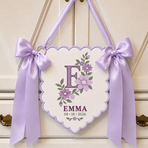 Personalized Baby Name Banner, Purple E Monogram with Floral Embroidery, Emma Scalloped Nursery Wall Hanging, Lavender Bow Keepsake Gift