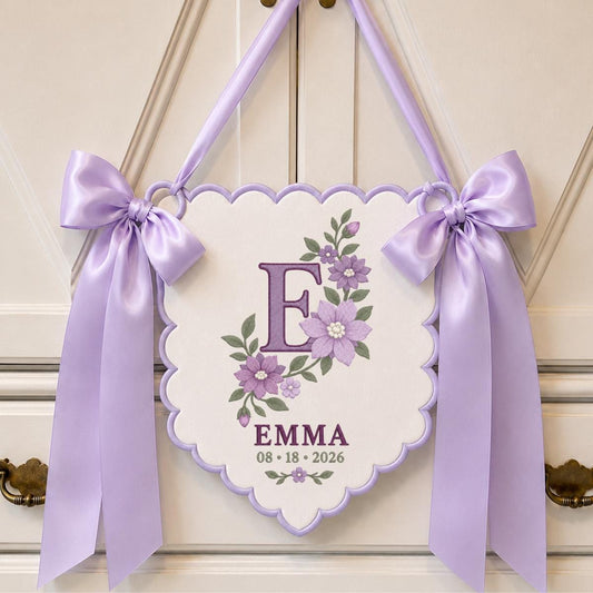 Personalized Baby Name Banner, Purple E Monogram with Floral Embroidery, Emma Scalloped Nursery Wall Hanging, Lavender Bow Keepsake Gift