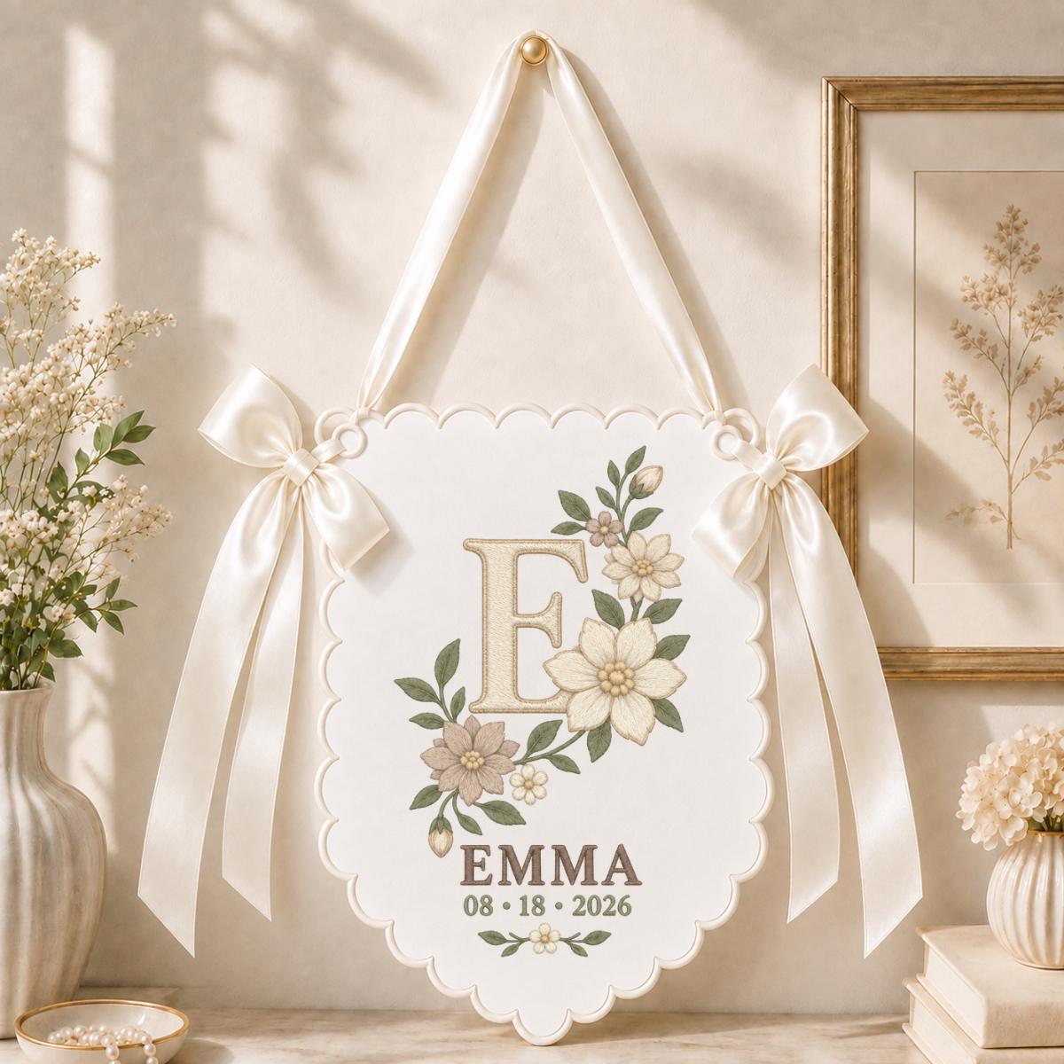 Personalized Baby Name Banner, Purple E Monogram with Floral Embroidery, Emma Scalloped Nursery Wall Hanging, Lavender Bow Keepsake Gift