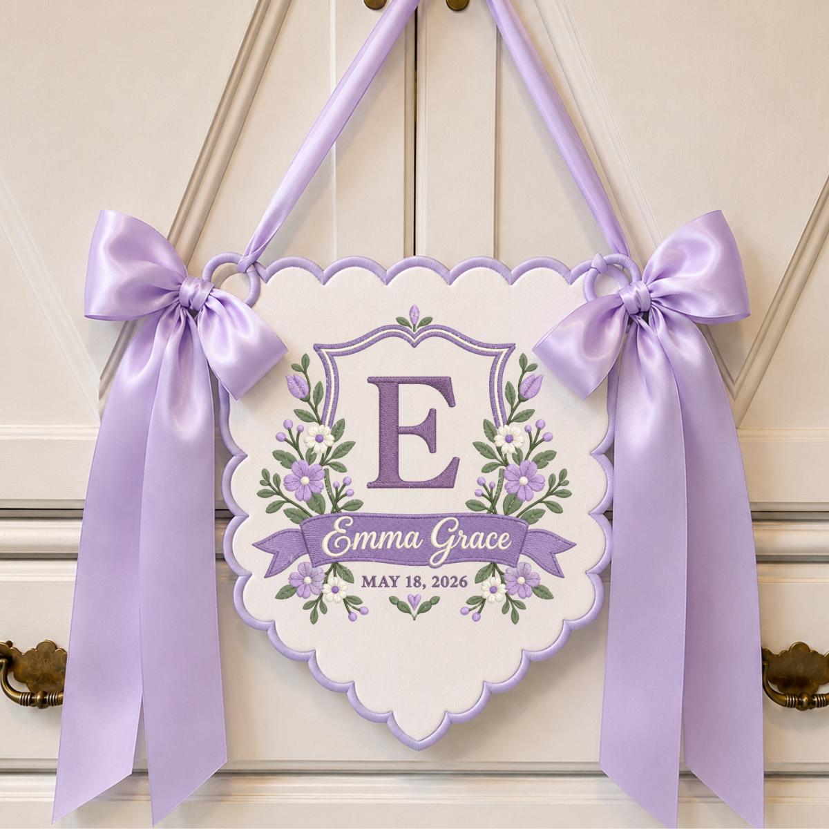 Personalized Baby Girl Bow Banner, Ivory Floral E Monogram with Emma Grace Name, Sage Green Scalloped Nursery Wall Hanging Gift Decor