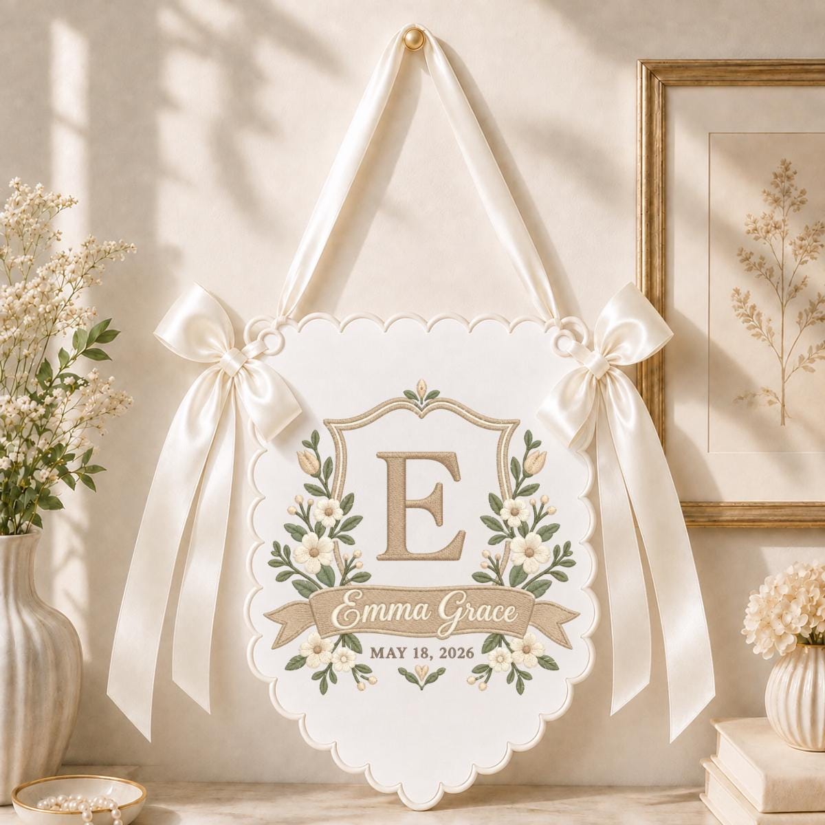 Personalized Baby Girl Bow Banner, Ivory Floral E Monogram with Emma Grace Name, Sage Green Scalloped Nursery Wall Hanging Gift Decor