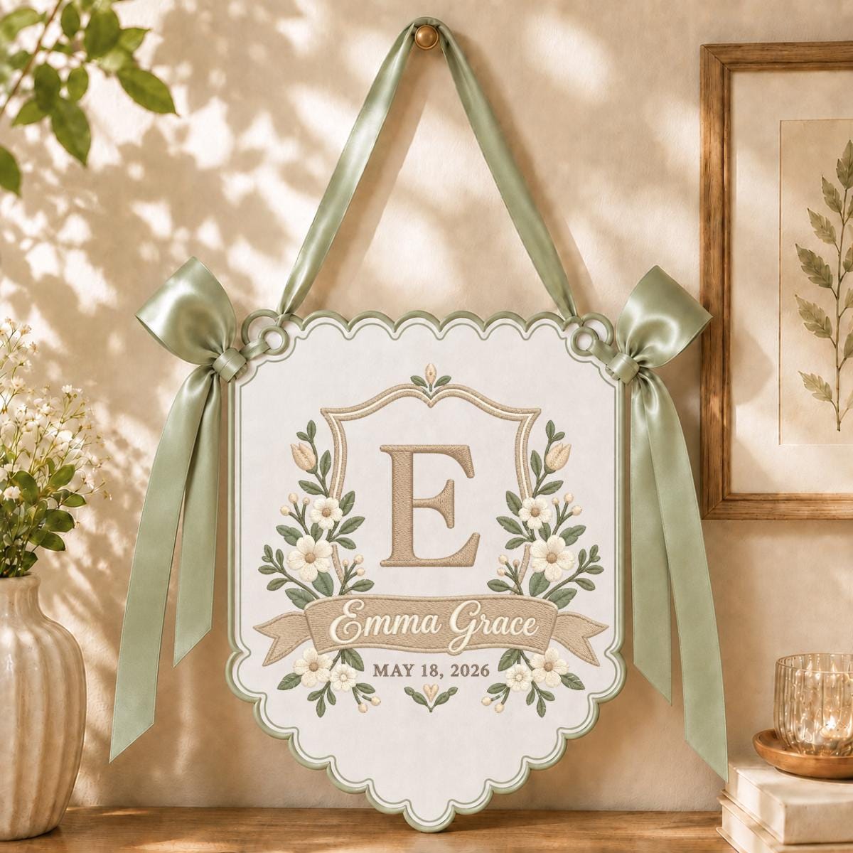 Personalized Baby Girl Bow Banner, Ivory Floral E Monogram with Emma Grace Name, Sage Green Scalloped Nursery Wall Hanging Gift Decor