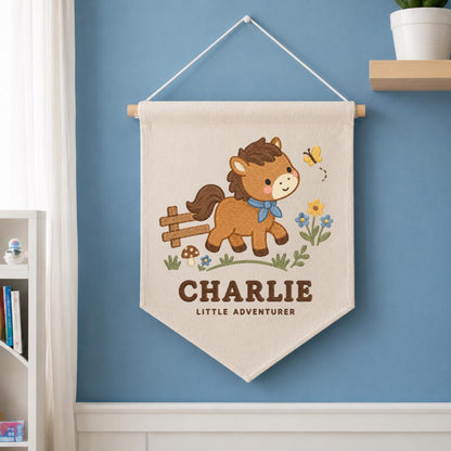 Personalized Charlie Horse Banner, Cute Little Adventurer Embroidered Nursery Wall Hanging, Farmhouse Baby Boy Room Decor, Equestrian Gift