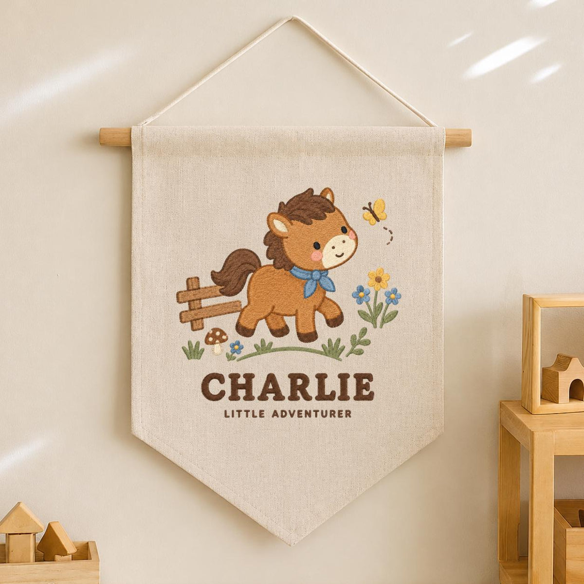 Personalized Charlie Horse Banner, Cute Little Adventurer Embroidered Nursery Wall Hanging, Farmhouse Baby Boy Room Decor, Equestrian Gift