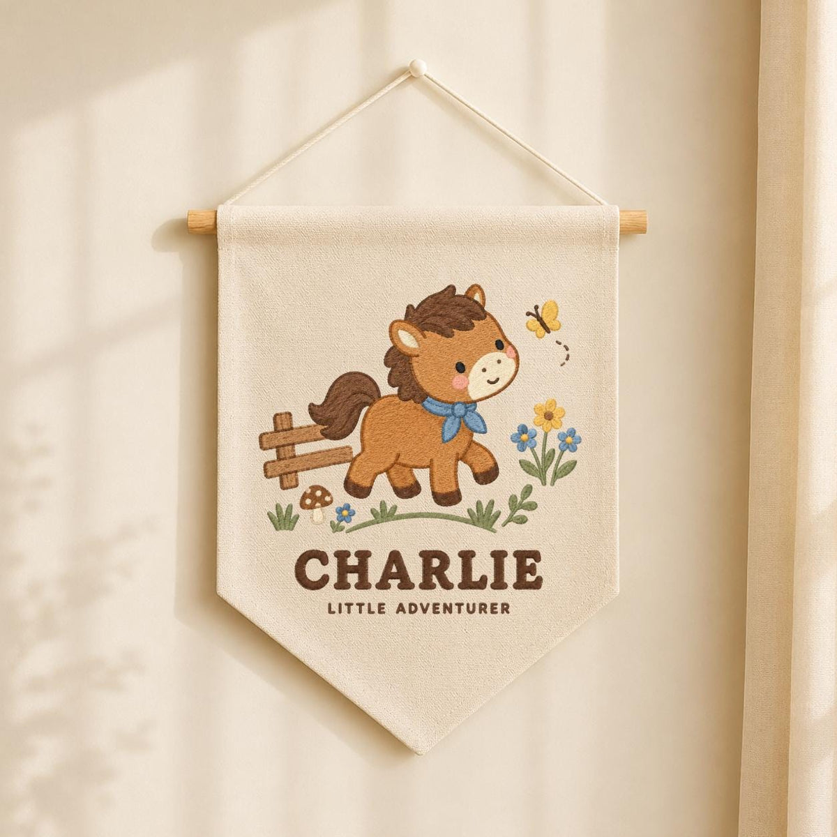 Personalized Charlie Horse Banner, Cute Little Adventurer Embroidered Nursery Wall Hanging, Farmhouse Baby Boy Room Decor, Equestrian Gift