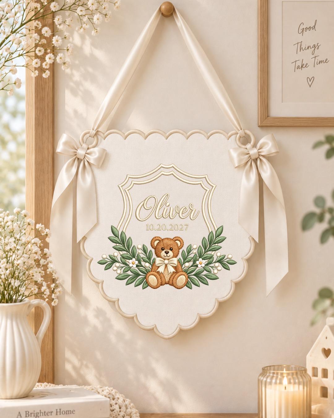 Personalized Teddy Bear Baby Name Embroidered Banner, Custom Birth Date Nursery Wall Hanging, Baby Boy Girl Name Sign, Newborn Baby Shower