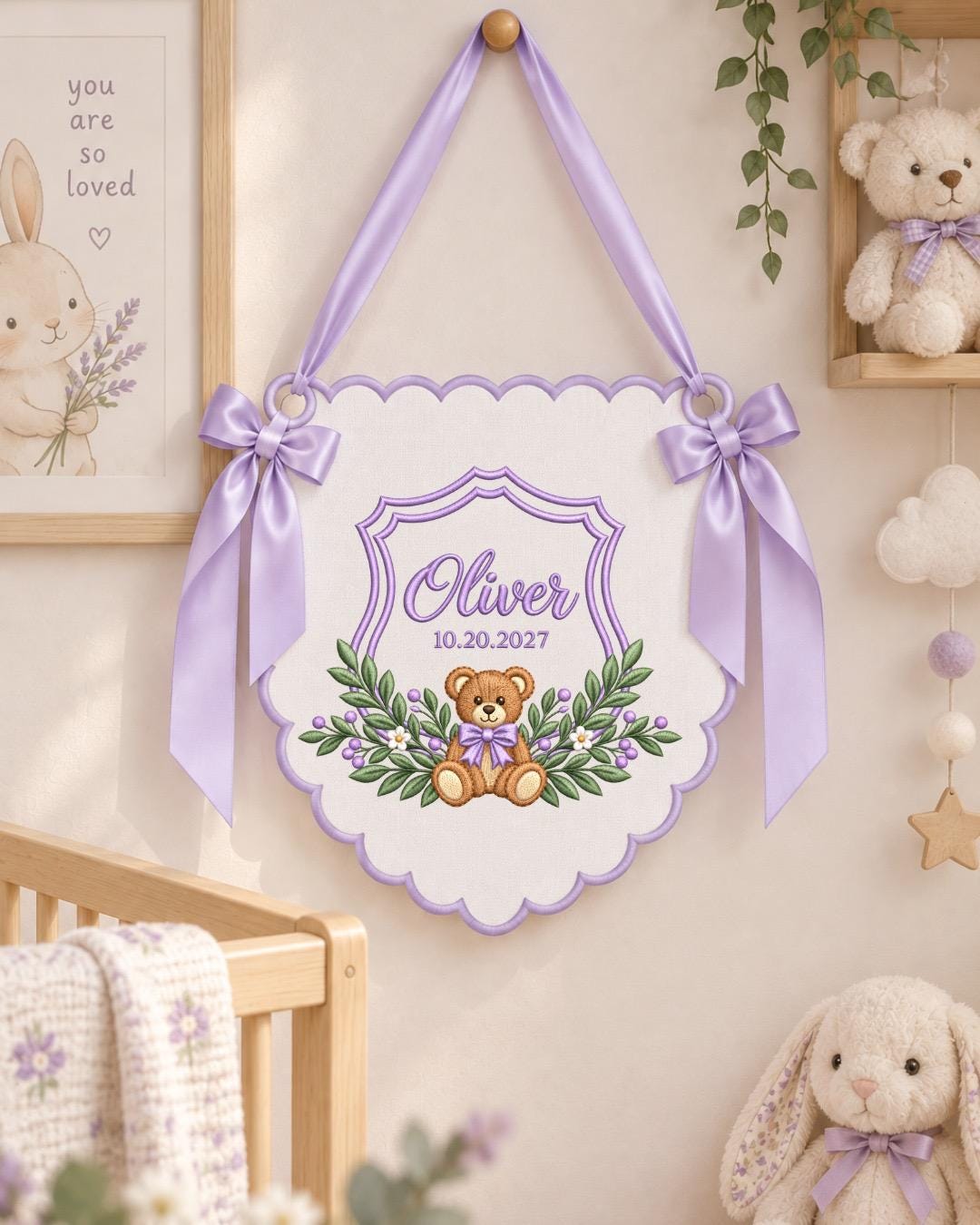 Personalized Teddy Bear Baby Name Embroidered Banner, Custom Birth Date Nursery Wall Hanging, Baby Boy Girl Name Sign, Newborn Baby Shower