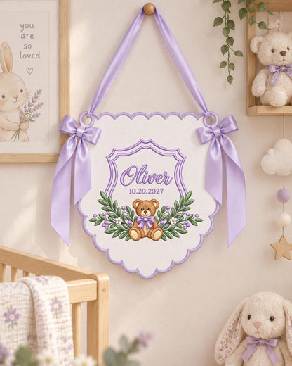Personalized Teddy Bear Baby Name Embroidered Banner, Custom Birth Date Nursery Wall Hanging, Baby Boy Girl Name Sign, Newborn Baby Shower