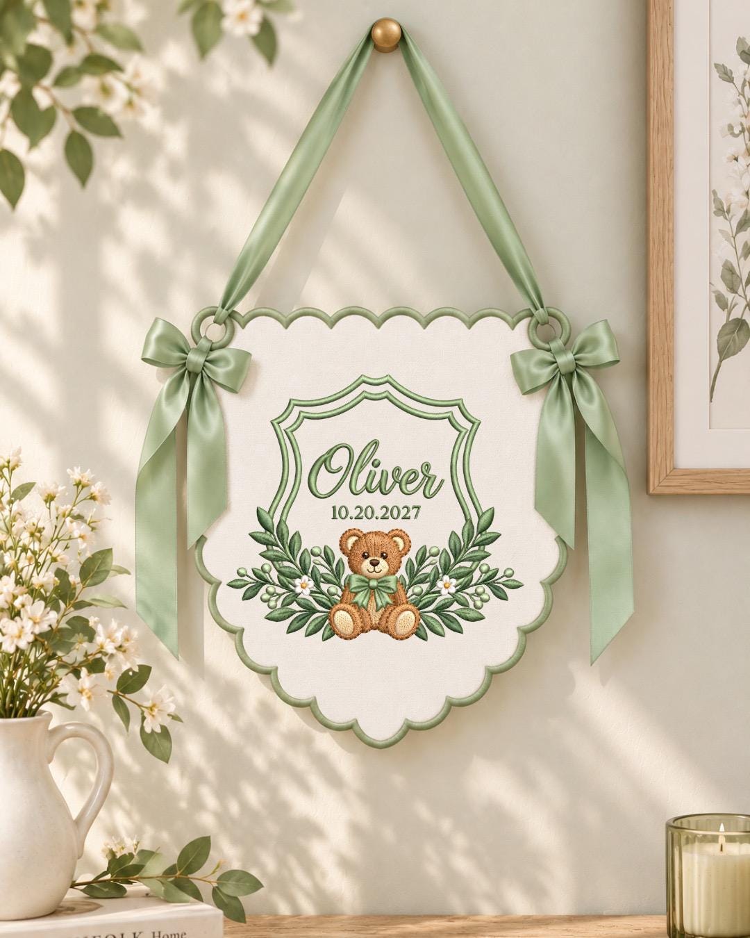 Personalized Teddy Bear Baby Name Embroidered Banner, Custom Birth Date Nursery Wall Hanging, Baby Boy Girl Name Sign, Newborn Baby Shower