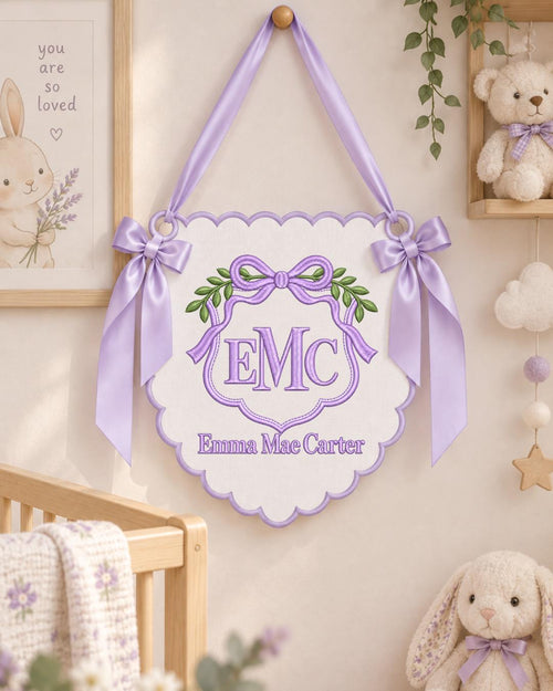 Personalized Monogram Baby Name Embroidered Banner, Custom Bow Initial Nursery Wall Hanging, Baby Girl Boy Name Sign, Newborn Shower Gift