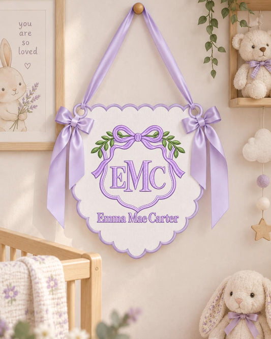 Personalized Monogram Baby Name Embroidered Banner, Custom Bow Initial Nursery Wall Hanging, Baby Girl Boy Name Sign, Newborn Shower Gift