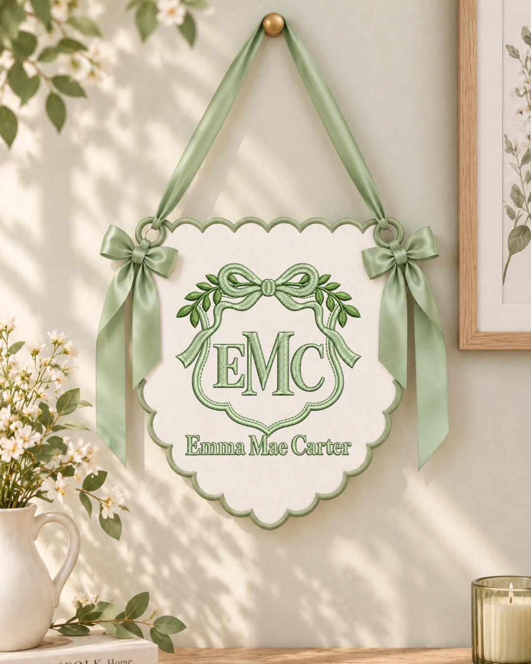 Personalized Monogram Baby Name Embroidered Banner, Custom Bow Initial Nursery Wall Hanging, Baby Girl Boy Name Sign, Newborn Shower Gift